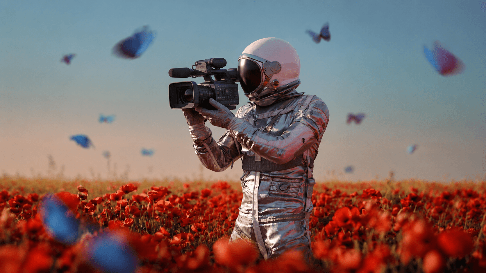 Astronaut filming in a field of poppies