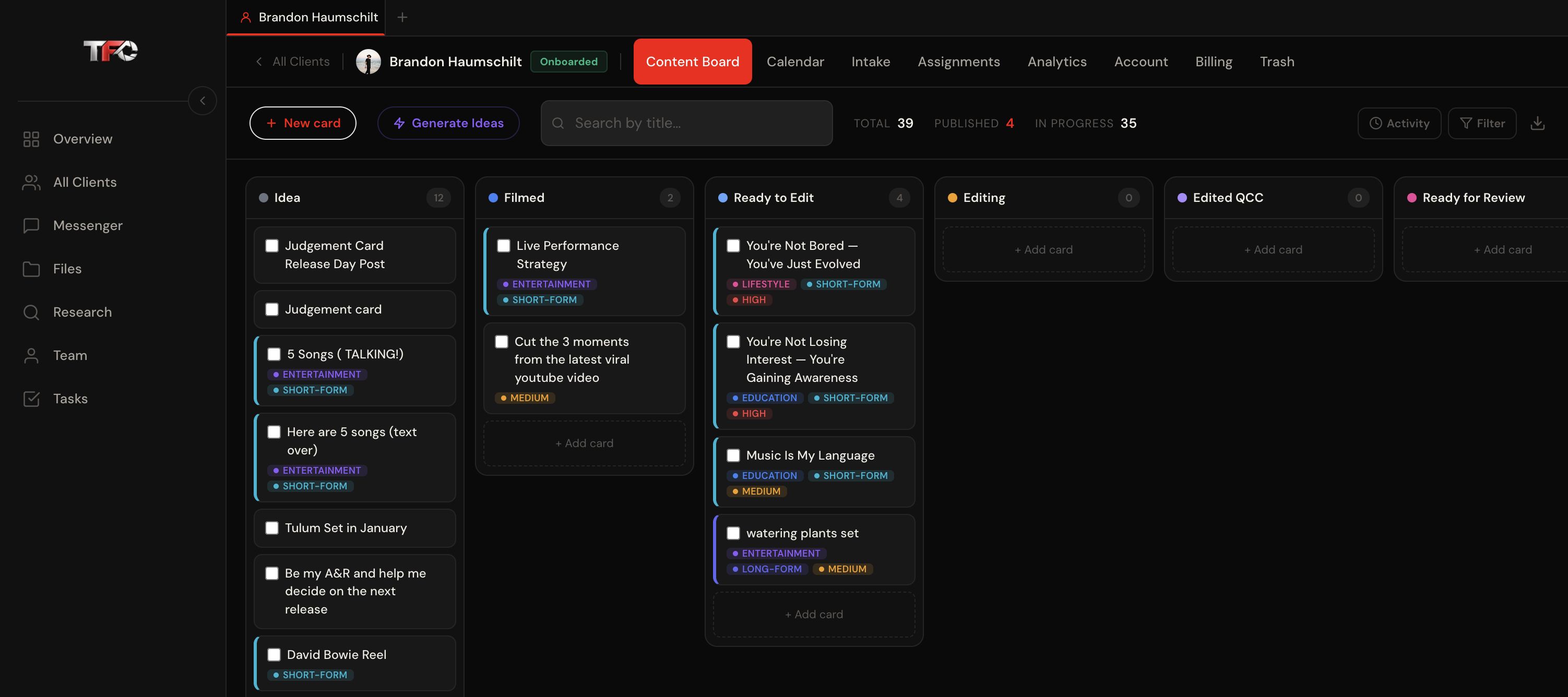The TFC platform: a client content board with idea, filming, editing, and review columns